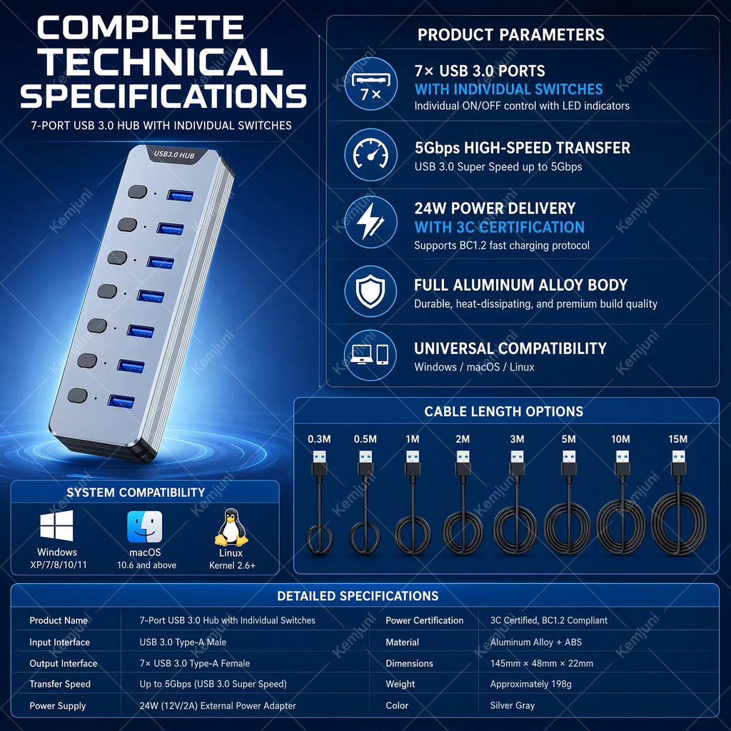 Hub USB 3.0 7 Ports Interrupteurs Individuels Alimentation 24W 5Gbps – CLEVI Paris