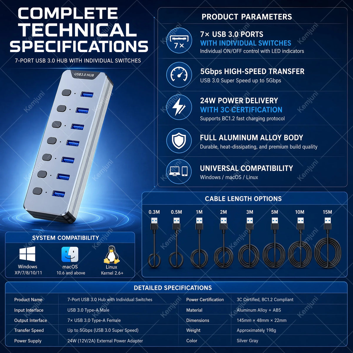 Hub USB 3.0 7 Ports Interrupteurs Individuels Alimentation 24W 5Gbps – CLEVI Paris
