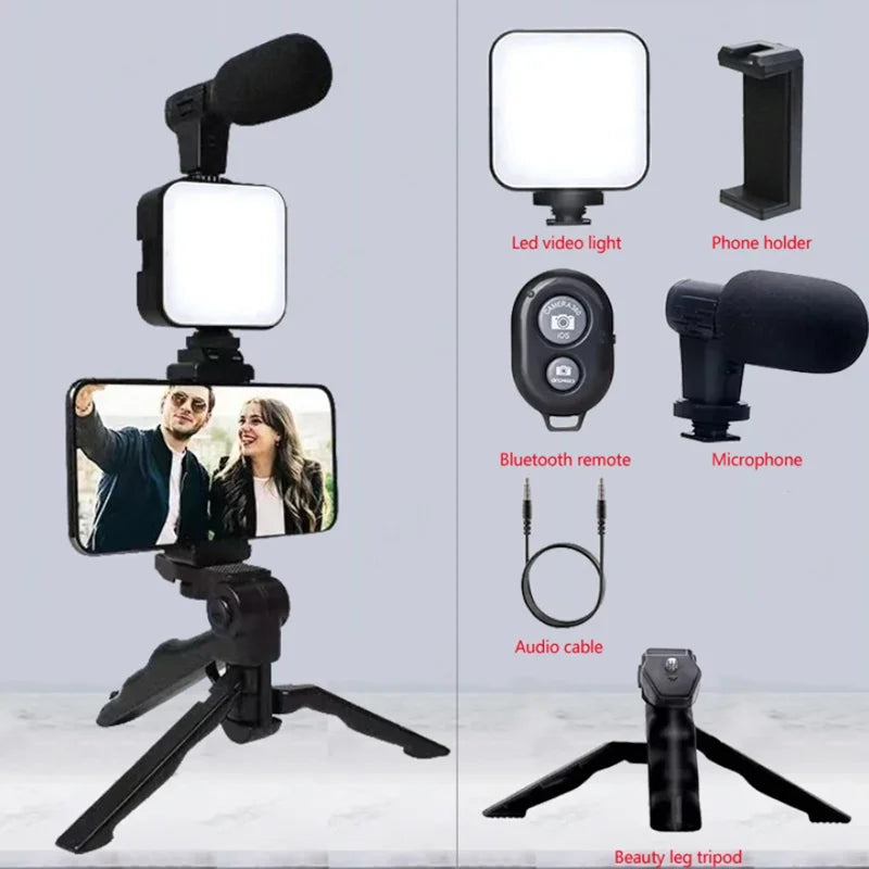 Kit Vlogging Smartphone Trépied Aluminium + Micro + Lumière LED | TikTok YouTube Live