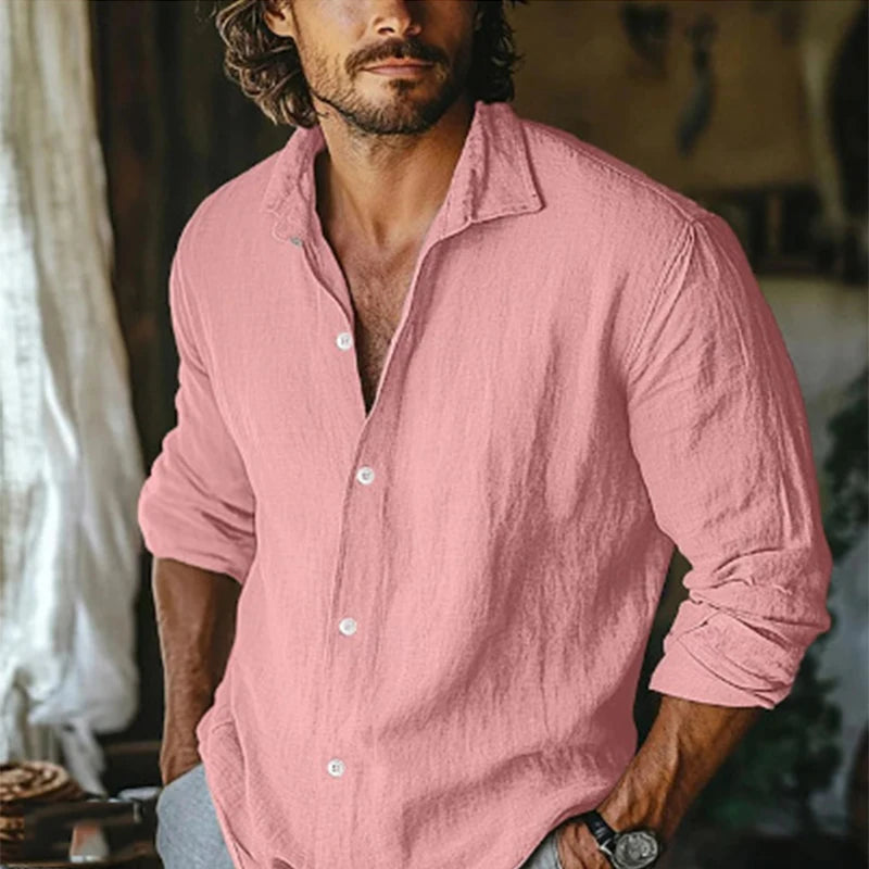 Chemise Lin Homme – Casual Manches Longues, Col Reversé, Coupe Ample