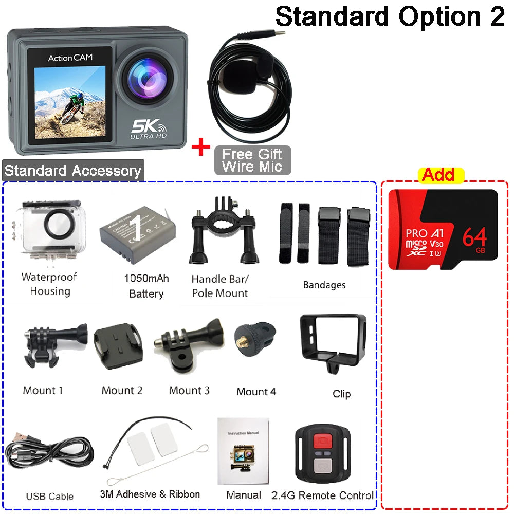 Action Cam HUAFANT M4R 5K 4K60fps – EIS 6 Axes, Grand Angle 170°, Étanche 30m, Micro Sans Fil, Double Écran IPS, WiFi – CLEVI Paris