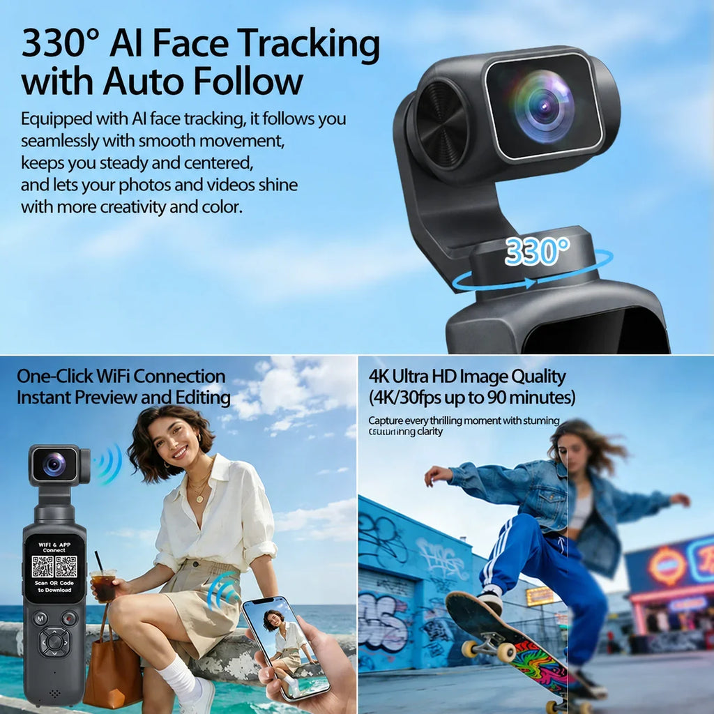 Caméra Vlog 4K Pocket – Rotation 330°, Suivi Facial, Gimbal & Écran Tactile 1,72" – CLEVI Paris