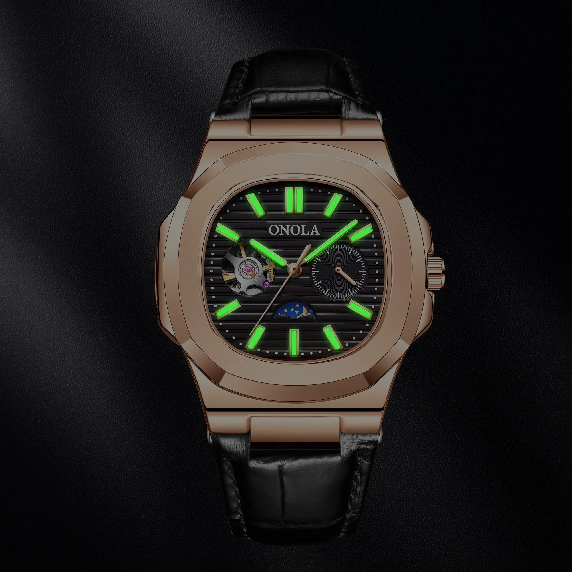 Montre ONOLA ON3855 – Mécanique Automatique Squelette, Aiguilles Lumineuses, Bracelet Cuir, Étanche 3 ATM – CLEVI Paris