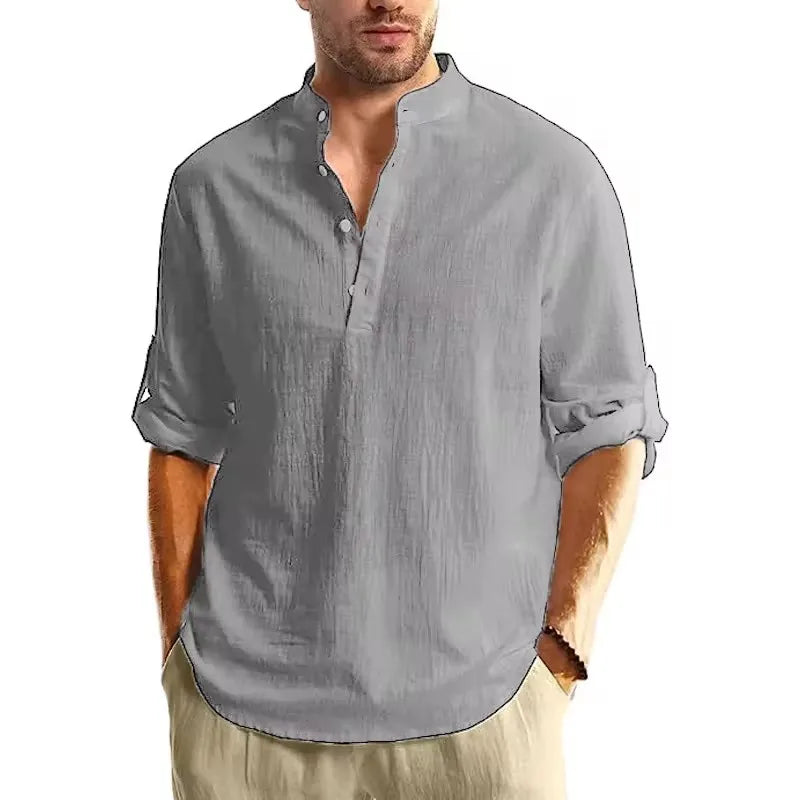 Chemise Henley Homme Manches Longues 100% Coton – Col Montant, Style Streetwear Casual, Grande Taille