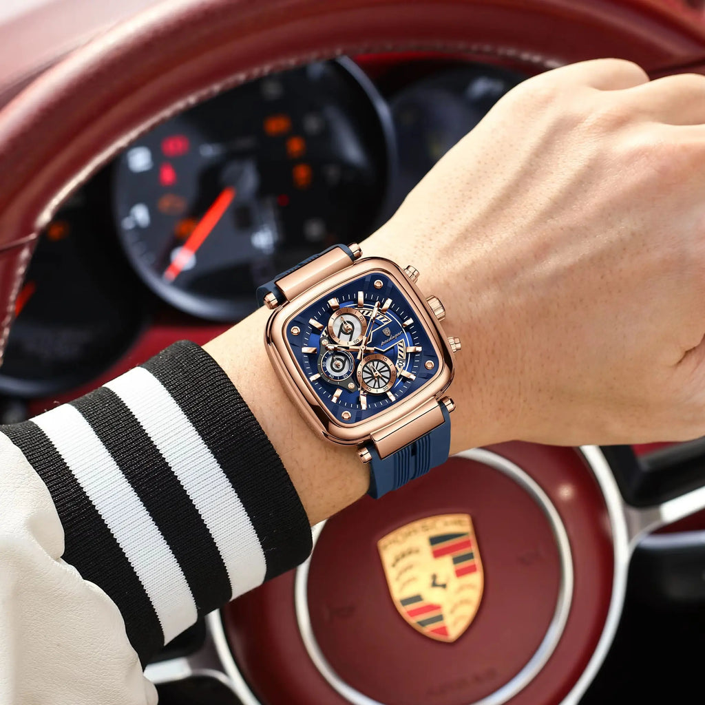 POEDAGAR 849 Montre Homme Quartz Carrée Chronographe Silicone Lumineux 30M – CLEVI Paris