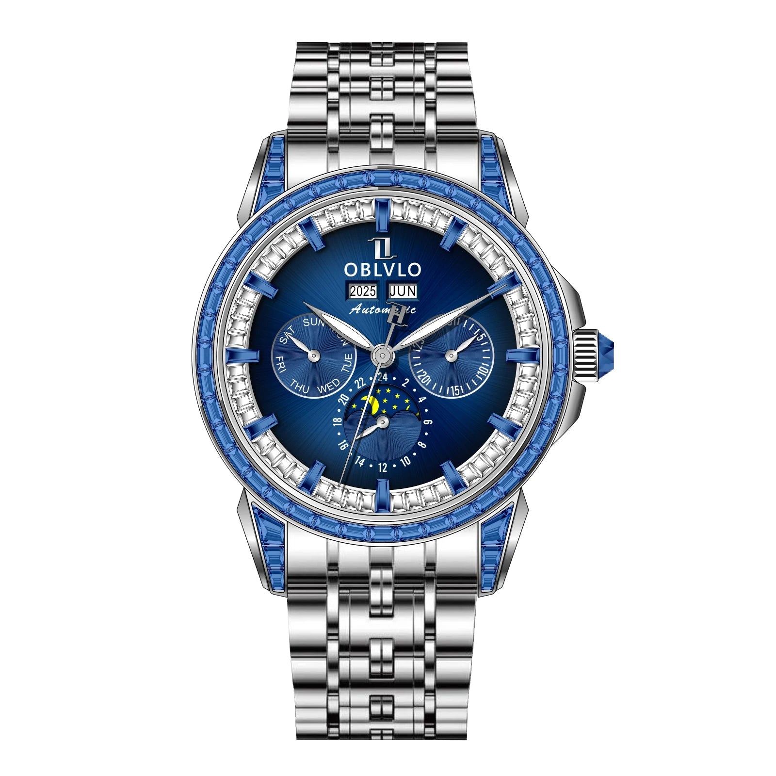 Montre Automatique Phase de Lune | Zircon Multicolore Bracelet Cuir – CLEVI Paris
