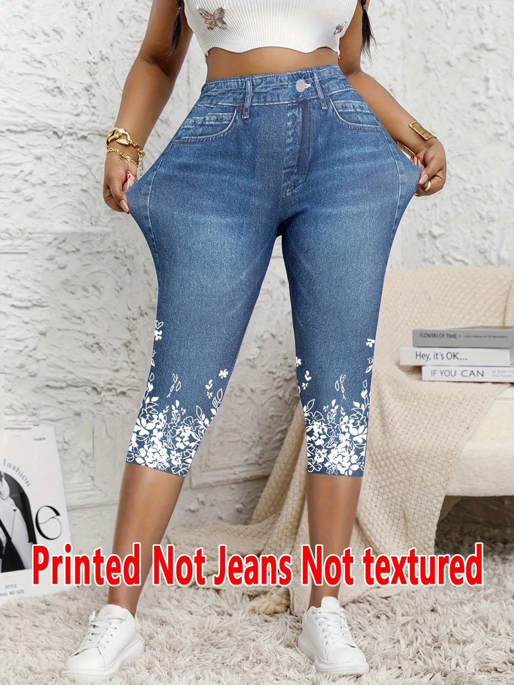 Legging 7/8 Femme Imprimé Effet Jean Taille Haute Stretch Gainant Casual – CLEVI Paris
