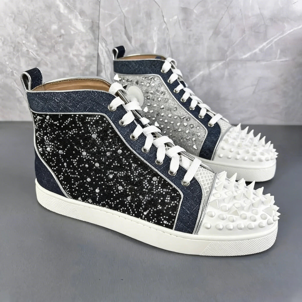 Sneakers Montantes Cuir Color Block Bleu Blanc Spikes Homme – Semelle Rouge, Lacets, Tailles 39-46 – CLEVI Paris