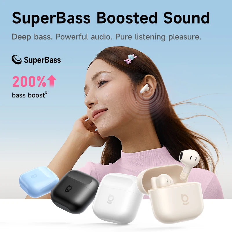 Écouteurs TWS Baseus Bass BS2 Lite BT 6.0 SuperBass 40h IP55 2 Micros ENC – CLEVI Paris