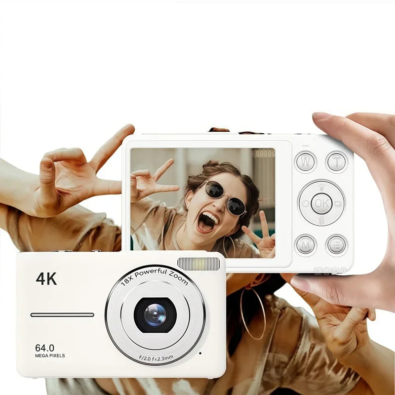Appareil Photo Numérique 4K 64MP Autofocus – Zoom 18x, Écran 2,4", Anti-Secousses, Webcam, Vlog, 3 Coloris, SD en Option