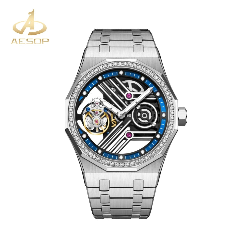 AESOP 7055 Montre Homme Tourbillon Squelette Octogone Saphir Diamant – CLEVI Paris