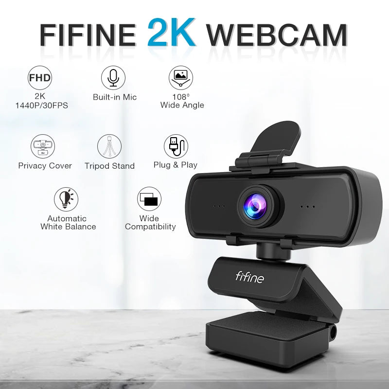Webcam FIFINE K420 1440P Full HD – Grand Angle 108°, Micro Intégré & Trépied Inclus – CLEVI Paris