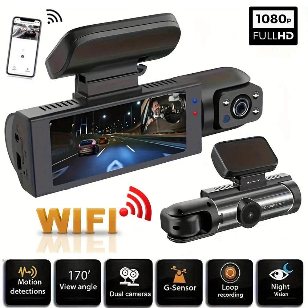 Dashcam WiFi 1080p Double Objectif – Vision Nocturne IR, G-Sensor, Grand Angle 170°, App Framefox – CLEVI Paris