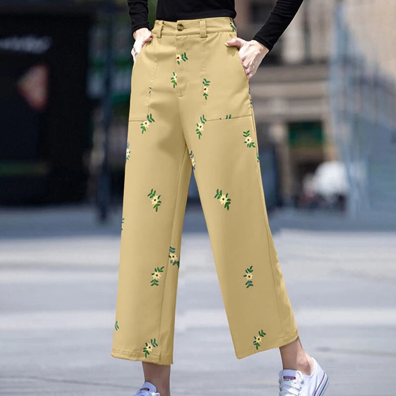 Pantalon Femme Taille Haute Jambe Large Uni Poches Style Casual Toutes Saisons – CLEVI Paris