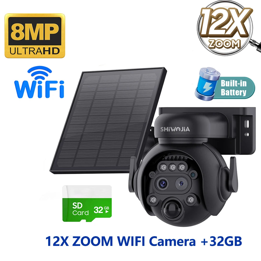 Caméra Solaire Extérieure 8MP 4K Double Objectif Zoom 12x 4G Wi-Fi PIR IP65 – CLEVI Paris