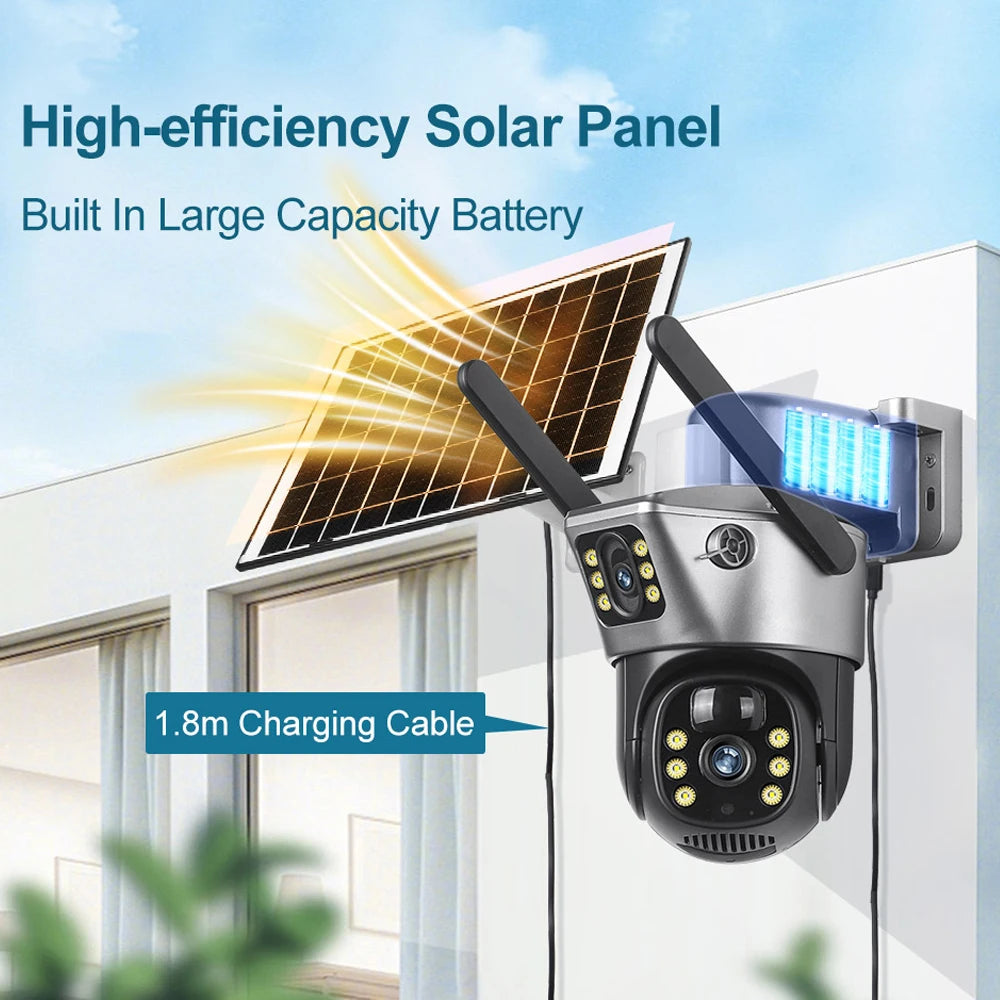 Caméra Solaire Extérieure 4K Double Objectif PTZ – WiFi ou 4G SIM – Batterie 8000mAh – CLEVI Paris