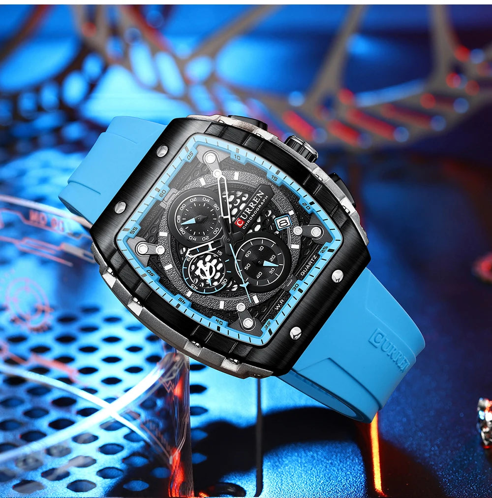 CURREN Montre Quartz Homme Rectangulaire Chronographe Silicone Date Auto 47mm – CLEVI Paris