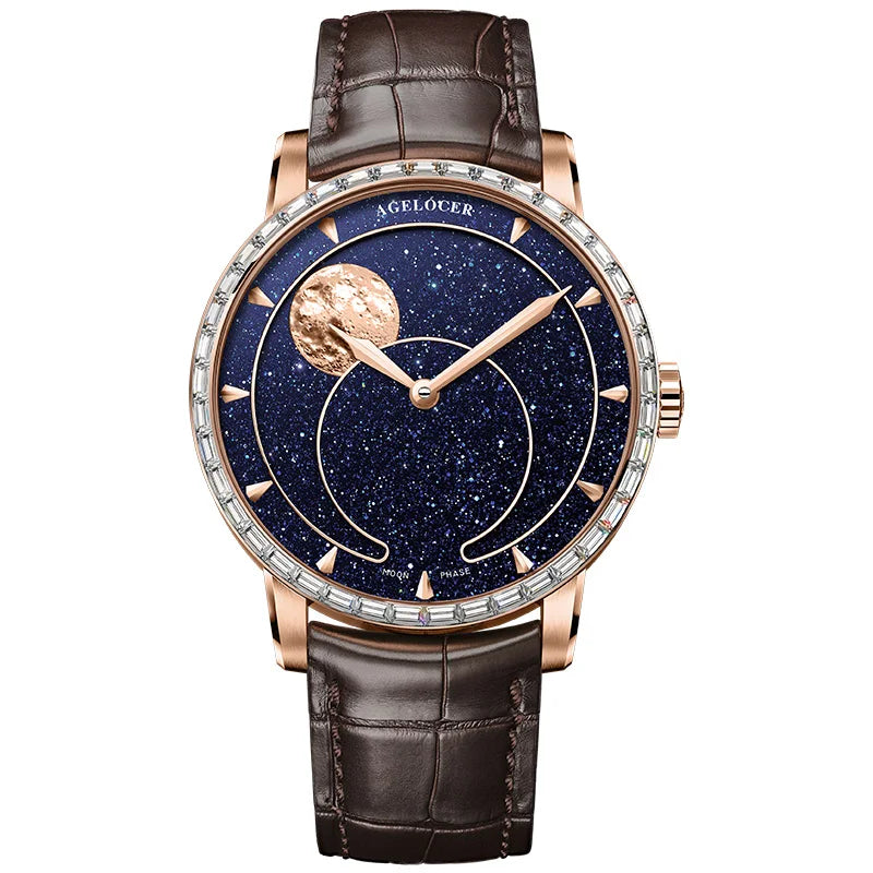 AGELOCER Montre Automatique Homme Phase de Lune Aventurine Saphir Réserve 80h – CLEVI Paris