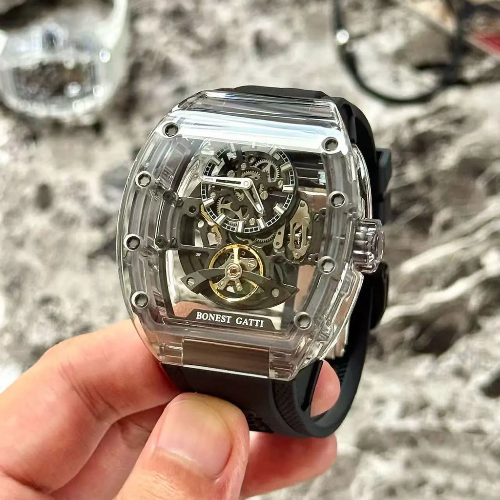 Montre Homme BONEST GATTI BG-9960 – Squelette Automatique, Verre Saphir, Bracelet Caoutchouc