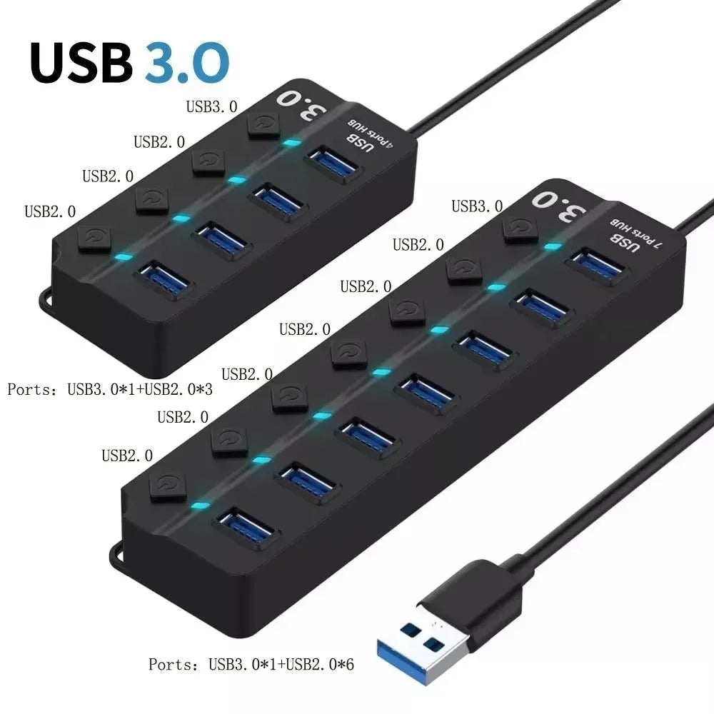 Hub USB 3.0 PHONEPACE — 4 ou 7 Ports, Indicateur LED, Interrupteurs Indépendants, Universel | CLEVI Paris
