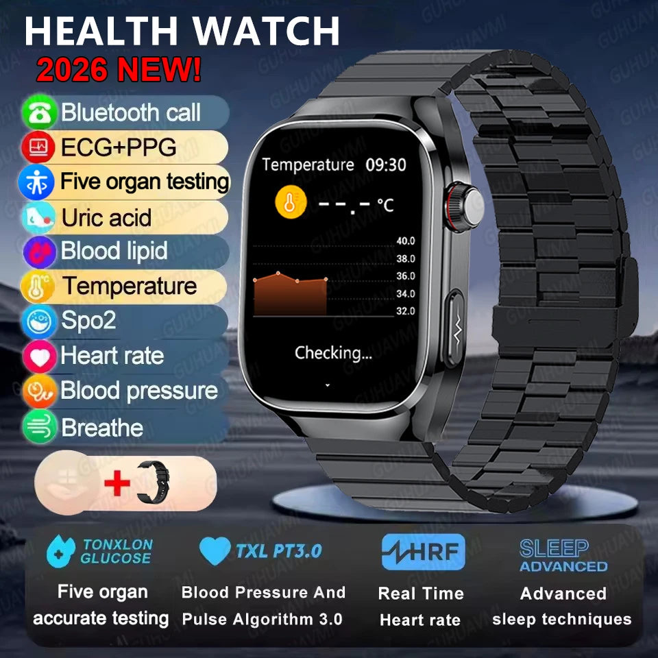 Montre Connectée Santé ECG Acide Urique IMC 5 Organes | AMOLED Verre Saphir IP68