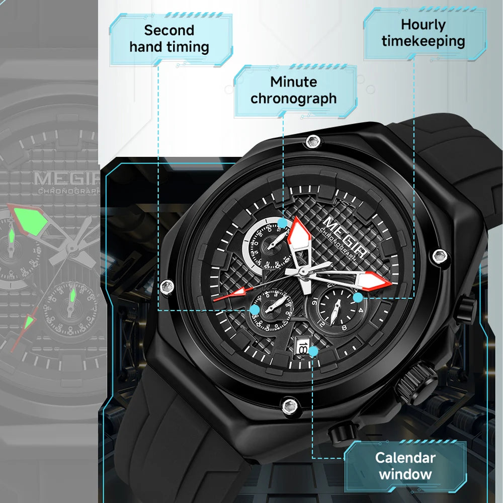 MEGIR 8118 Montre Homme Chronographe Quartz Bracelet Silicone 45mm Lumineux Calendrier 3 ATM 5 Coloris – CLEVI Paris