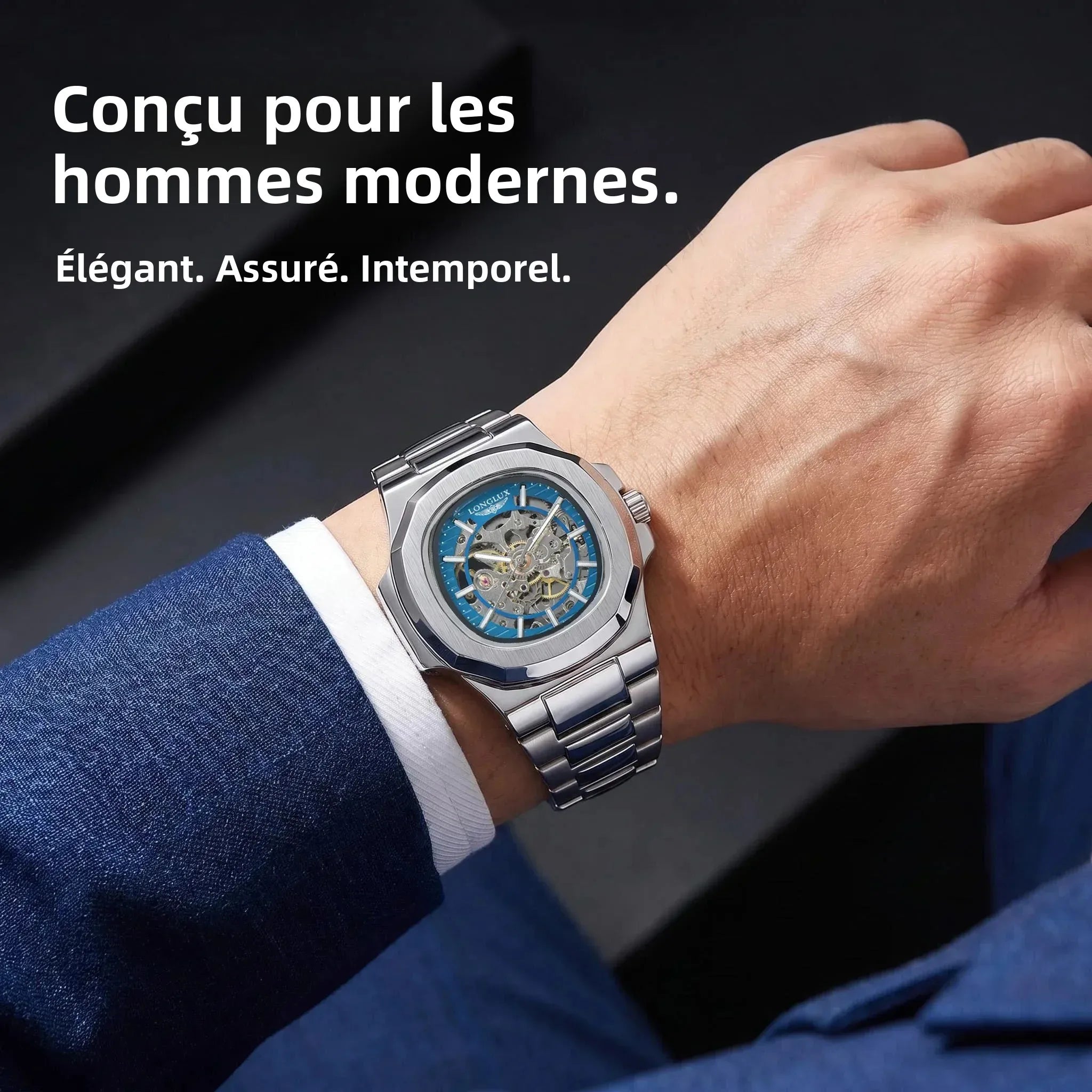 LONGLUX 8057G Montre Homme Automatique Squelette Bracelet Acier Inox Verre Hardlex 3 ATM Luxe 7 Coloris – CLEVI Paris