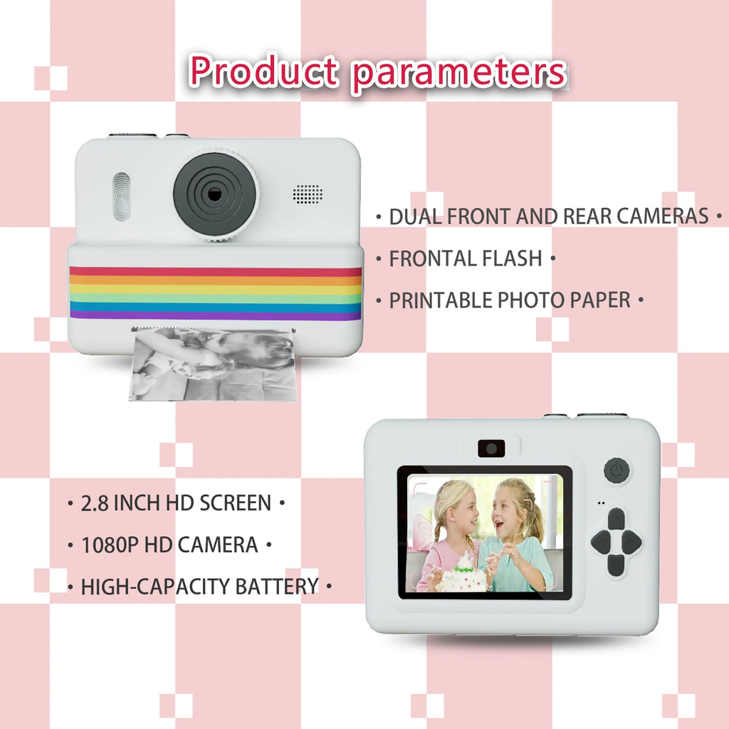 Appareil Photo Enfant P7 – Impression Thermique Instantanée, Écran 2.8", Objectif 180°, 1080P