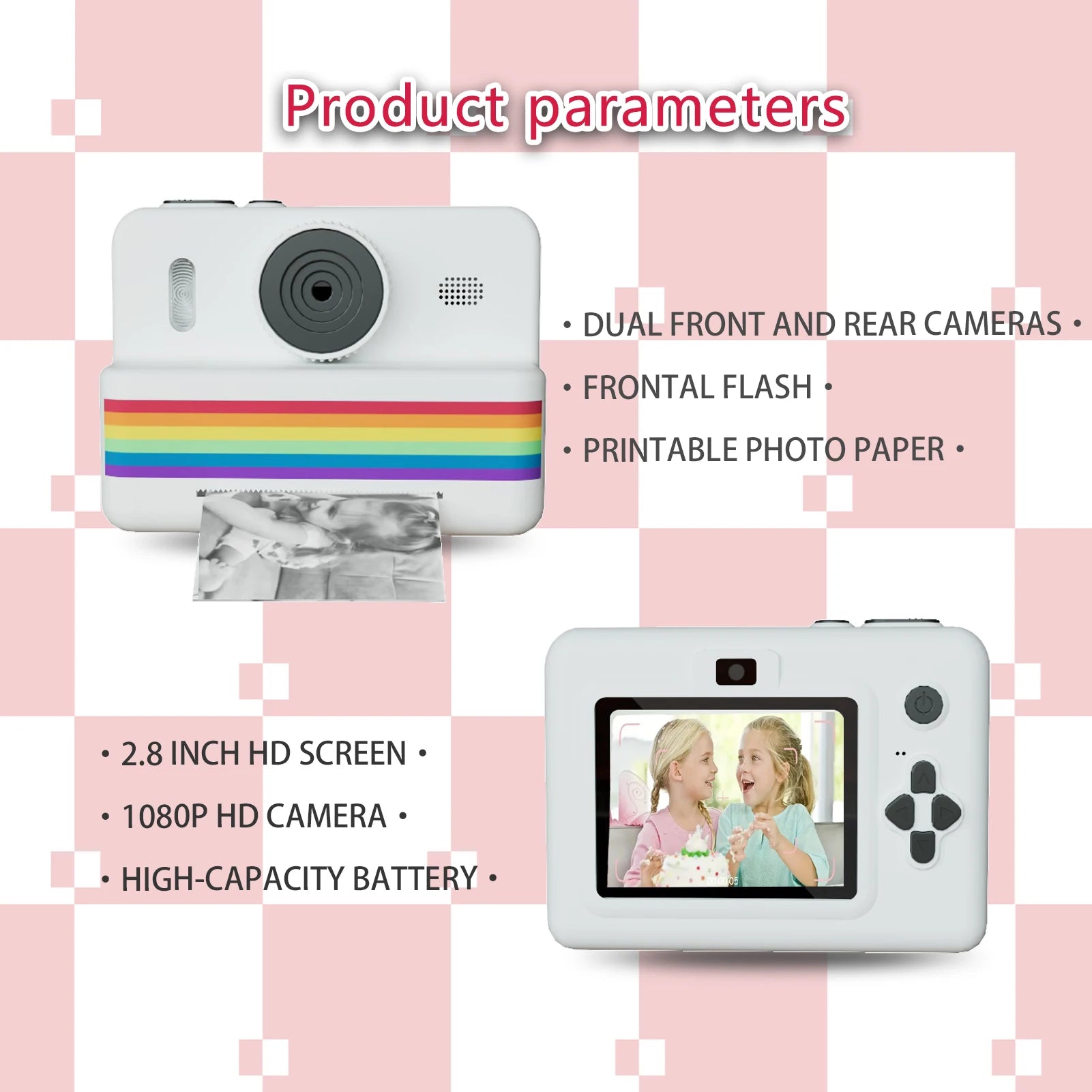 Appareil Photo Enfant P7 – Impression Thermique Instantanée, Écran 2.8", Objectif 180°, 1080P
