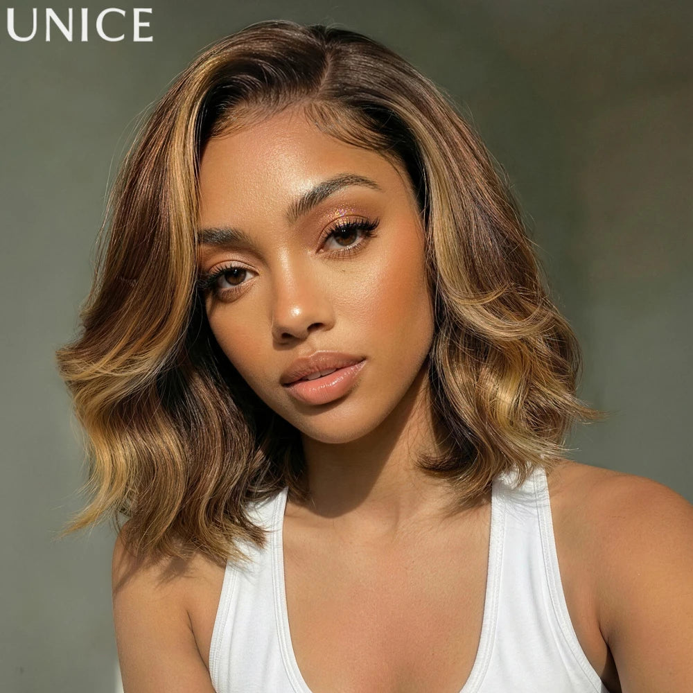 Perruque BOB Wavy Brun Chocolat Reflets Dorés Lace Glueless 100% Cheveux Humains 10-14 Pouces – CLEVI Paris