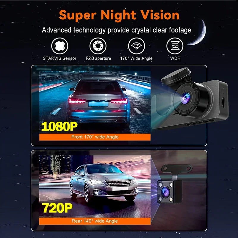 Dashcam 2/3 Canaux 1080p WiFi – Capteur Sony, Vision Nocturne Starlight, G-Sensor, Surveillance Parking – CLEVI Paris