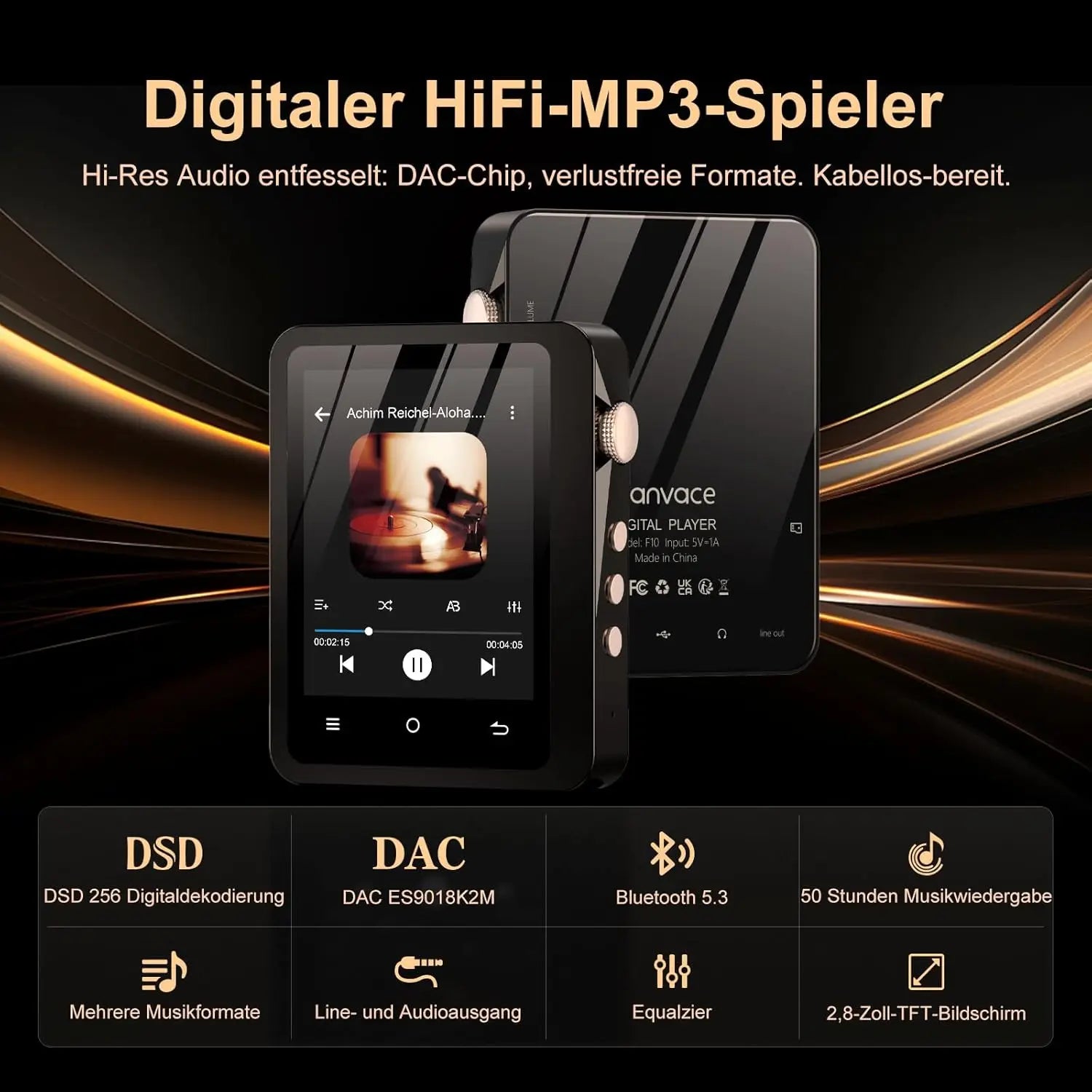 Fanvace F10 Lecteur HiFi DSD Bluetooth 5.3 DAC ES9018K2M Écran 2,8" 50h 64Go – CLEVI Paris