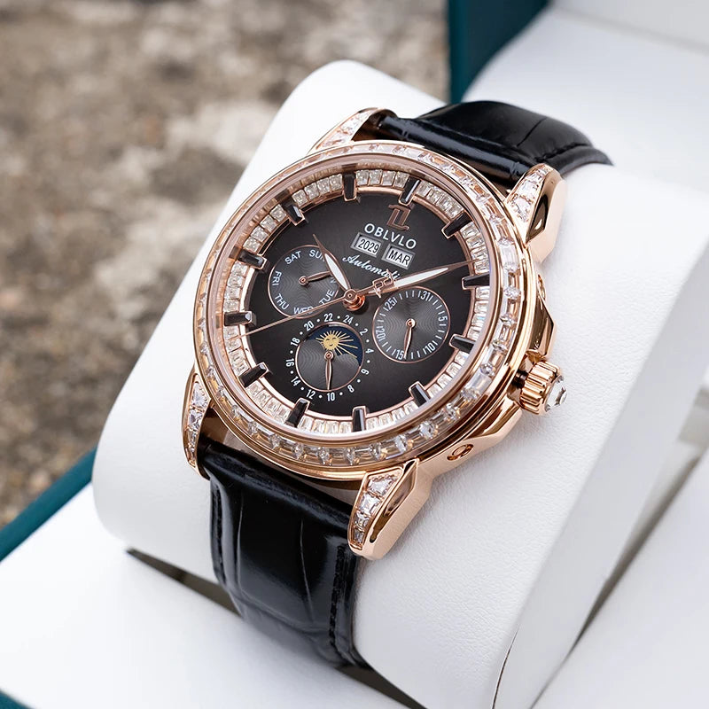 OBLVLO Montre Automatique Homme Multifonction TY1655 Saphir Cuir 41mm 50m – CLEVI Paris