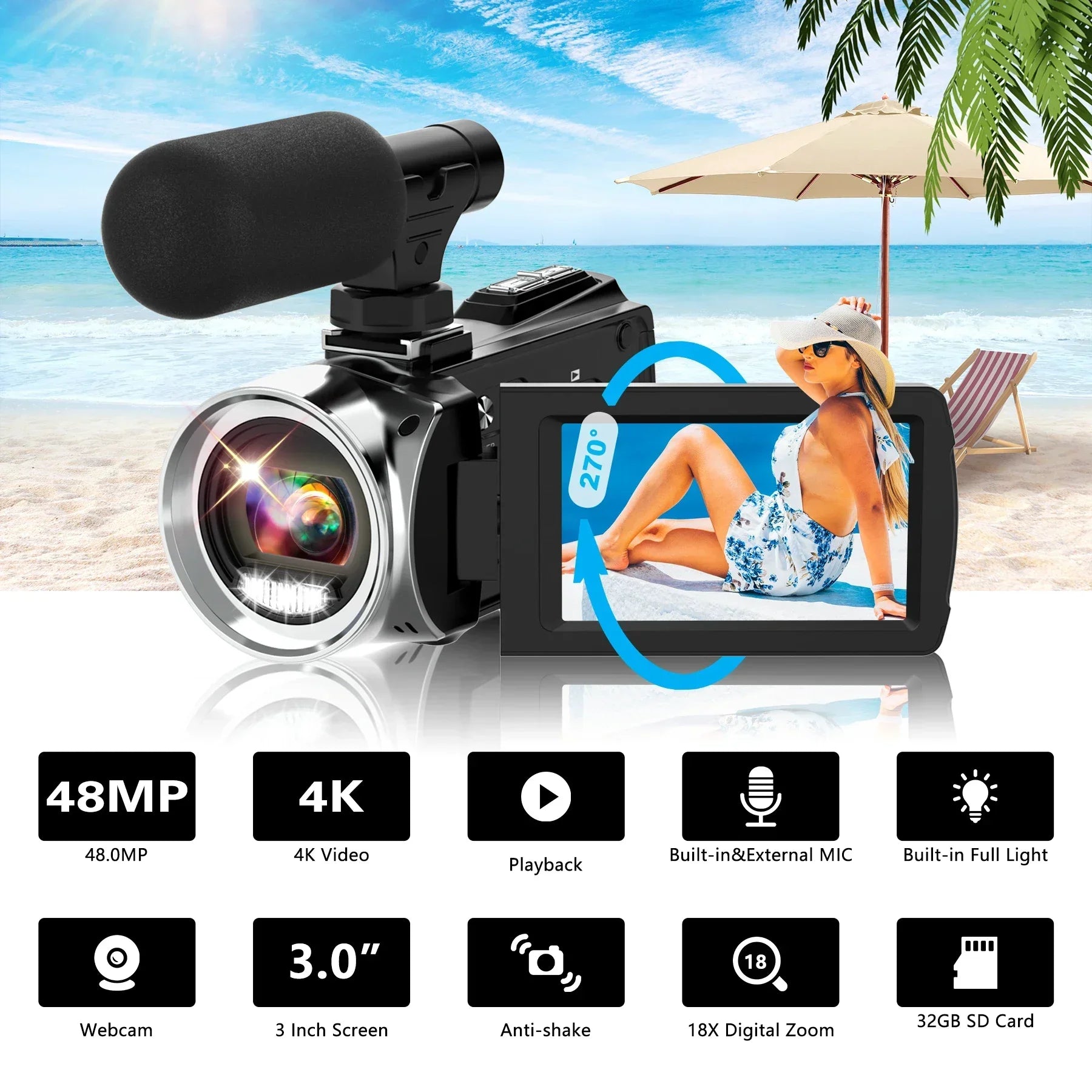 Caméscope AEVYVKV 4K 48MP – Stabilisation EIS, Zoom 18x, Micro Intégré, Portable, Idéal Débutants & Étudiants – CLEVI Paris