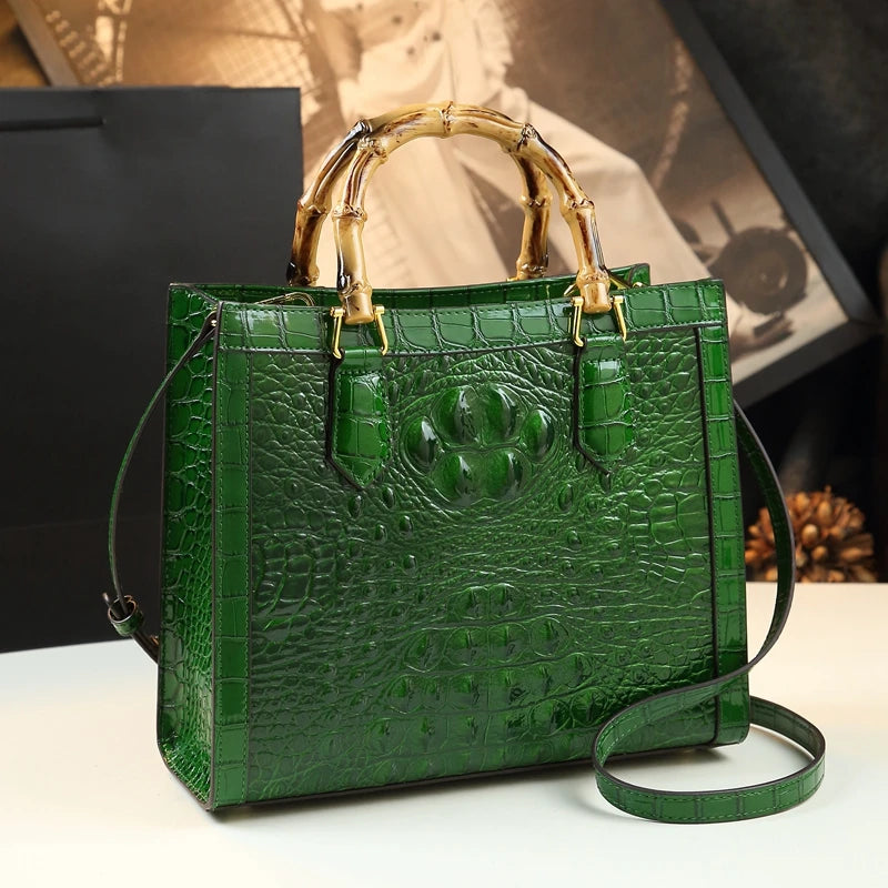 Sac à Main Femme Cuir Véritable Motif Crocodile Anse Bambou Business 4 Coloris – CLEVI Paris