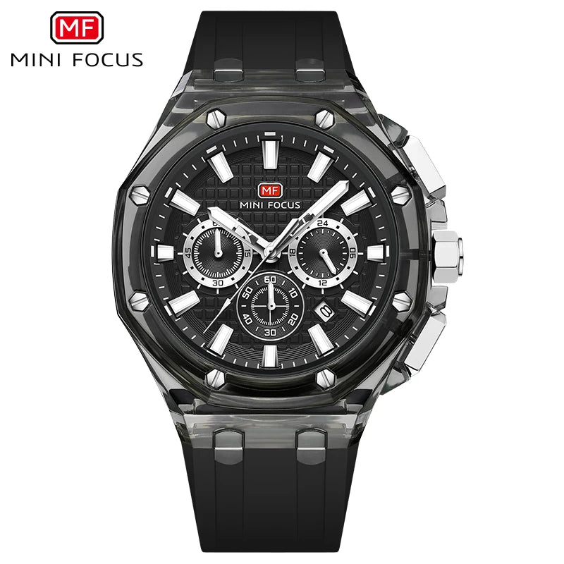 Montre Quartz Homme MINI FOCUS MF0616G – Chronographe, Boîtier Transparent & Aiguilles Lumineuses