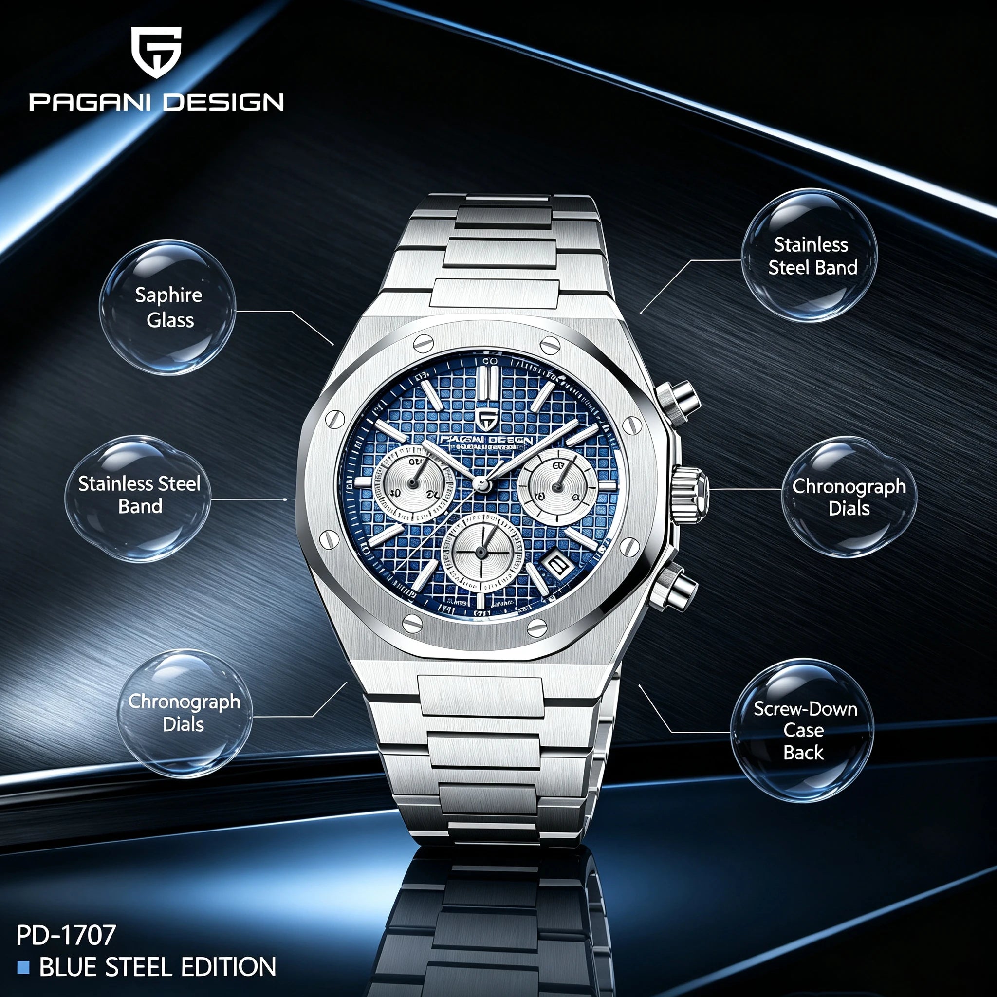 Montre Quartz Homme Pagani Design PD-1707 V2 VK63 Saphir Lumineux C3 Étanche 20 Bar Business 3 Coloris – CLEVI Paris