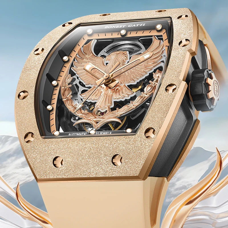 Montre BONEST GATTI BG5002 – Automatique Tonneau 45 mm, Cadran Aigle Lumineux, Verre Saphir, Bracelet Caoutchouc, Étanche 3 ATM – CLEVI Paris