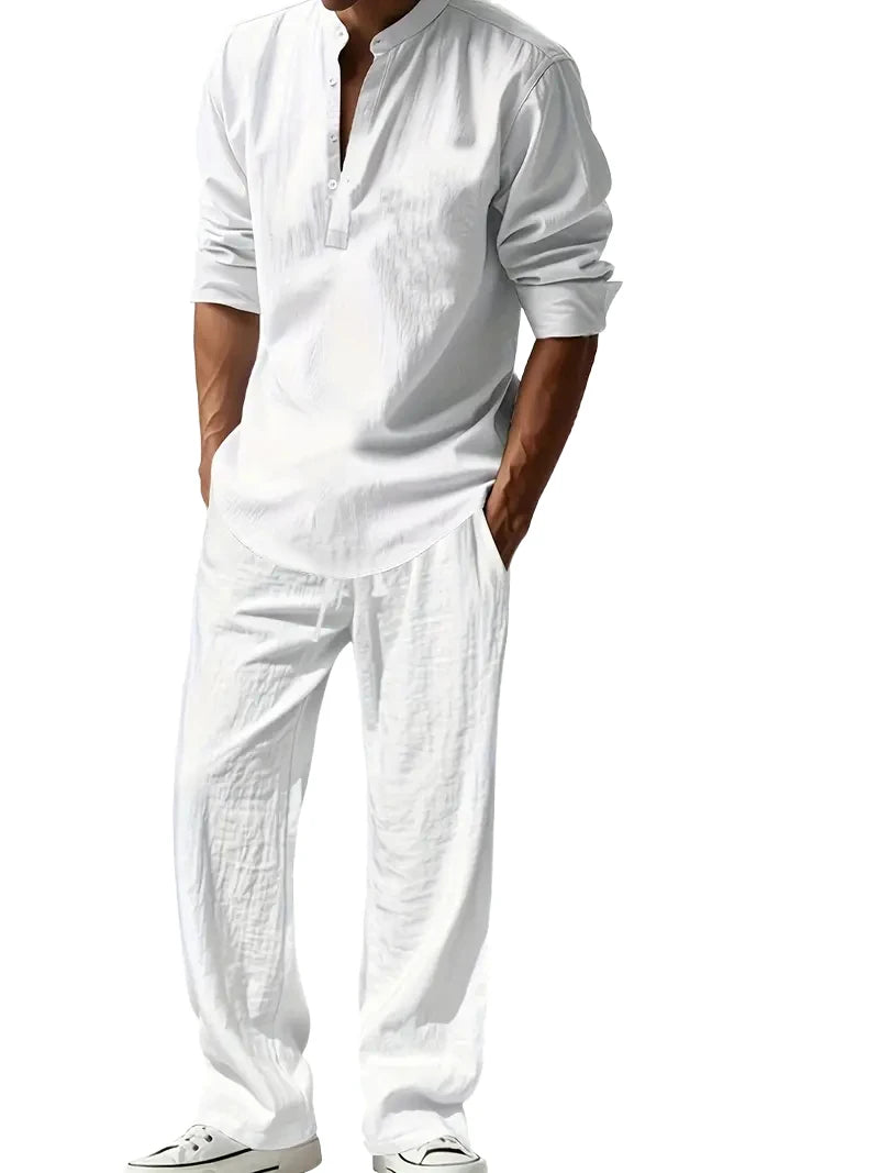 Ensemble Homme Chemise Henley Manches Longues Col Tunisien + Pantalon Taille Élastique Coton Lin Casual Été 8 Coloris – CLEVI Paris