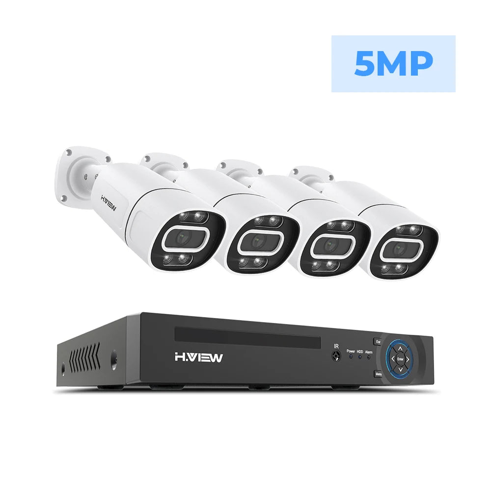 Kit Vidéosurveillance POE H.View 4K – Caméras 5MP/8MP, NVR 8CH H.265, Détection de Personnes, Vision Nocturne Couleur, Audio Bidirectionnel