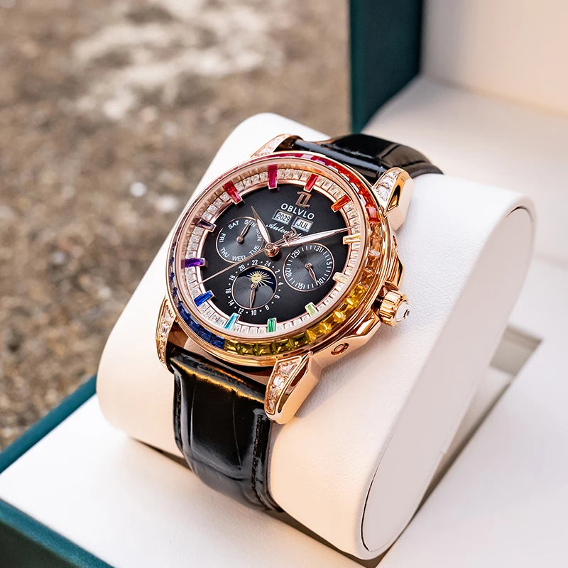 OBLVLO Montre Automatique Homme Multifonction TY1655 Saphir Cuir 41mm 50m – CLEVI Paris