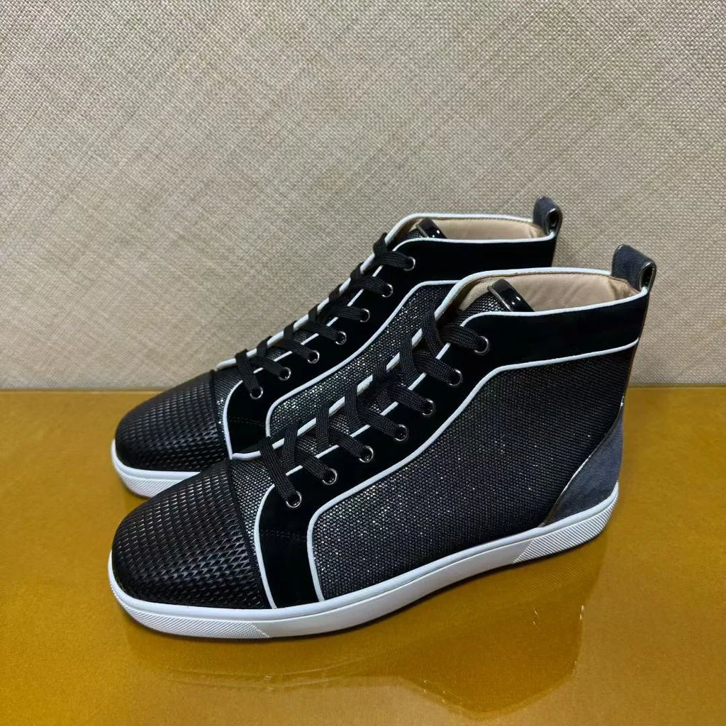 Sneakers Montantes Cuir Véritable Noir Pailleté Semelle Rouge Homme – Tailles 35-48 – CLEVI Paris