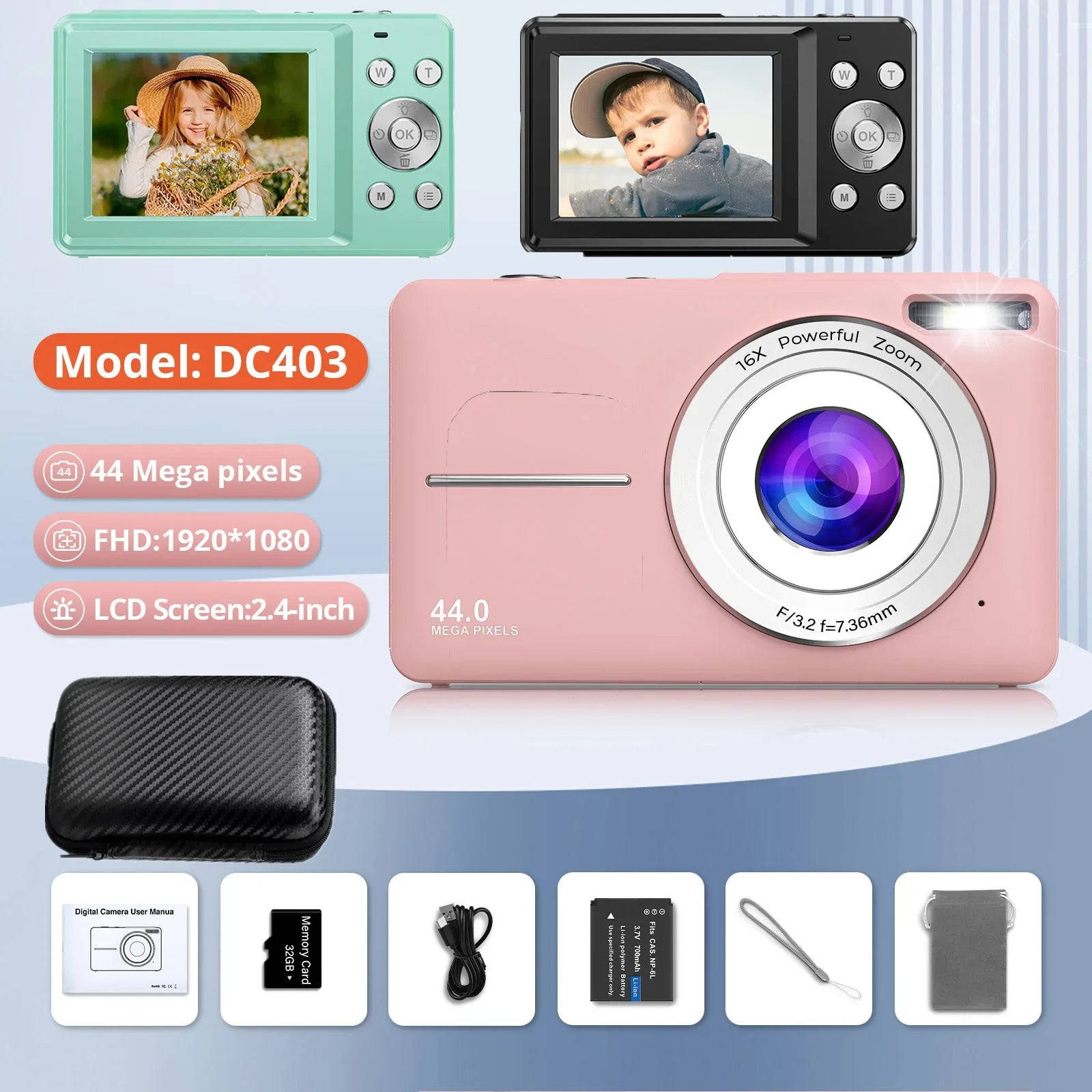 Appareil Photo Numérique Compact 44MP – Vidéo 1080P Zoom 16x Écran 2,4" Webcam Anti-Shake Enfants Débutants – CLEVI Paris