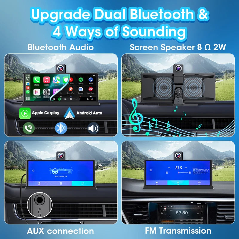 Écran CarPlay Android Auto Portable 10,26" – Dashcam 4K Objectif Rotatif Bluetooth Radio Universel – CLEVI Paris