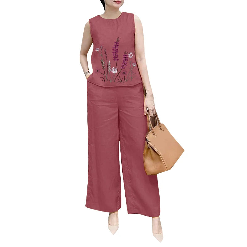 Ensemble 2 Pièces Femme Blouse Brodée Sans Manches Pantalon Jambe Large Style Bohème Été – CLEVI Paris