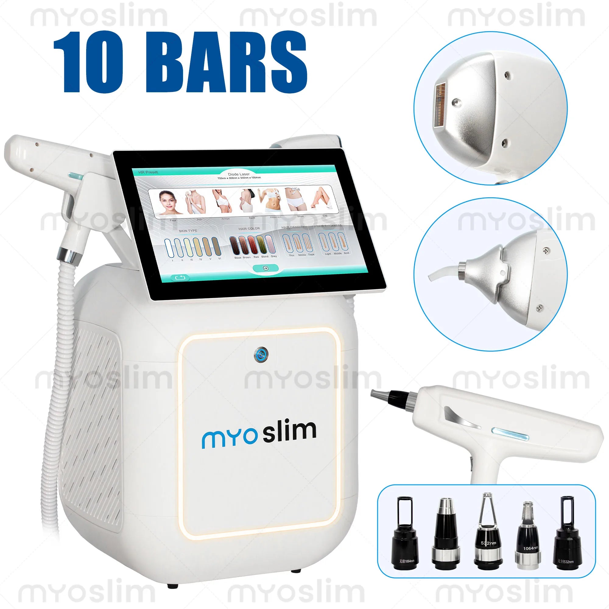 Machine 2-en-1 MYOSLIM 5000W Laser Diode + Picoseconde Nd:YAG | Épilation Définitive & Détatouage | 755-808-940-1064nm – CLEVI Paris