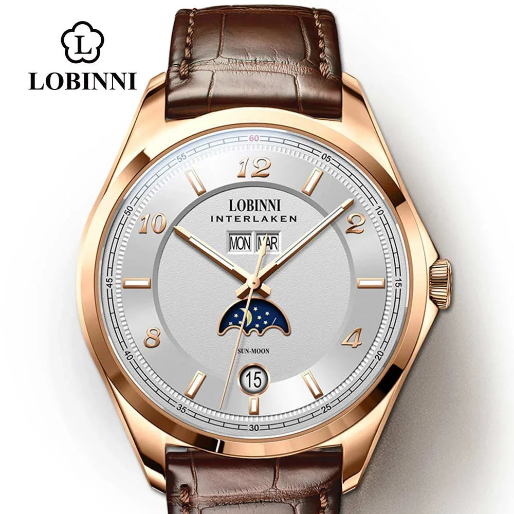 Montre Homme LOBINNI 40mm Automatique Calendrier Verre Saphir Bracelet Cuir – CLEVI Paris