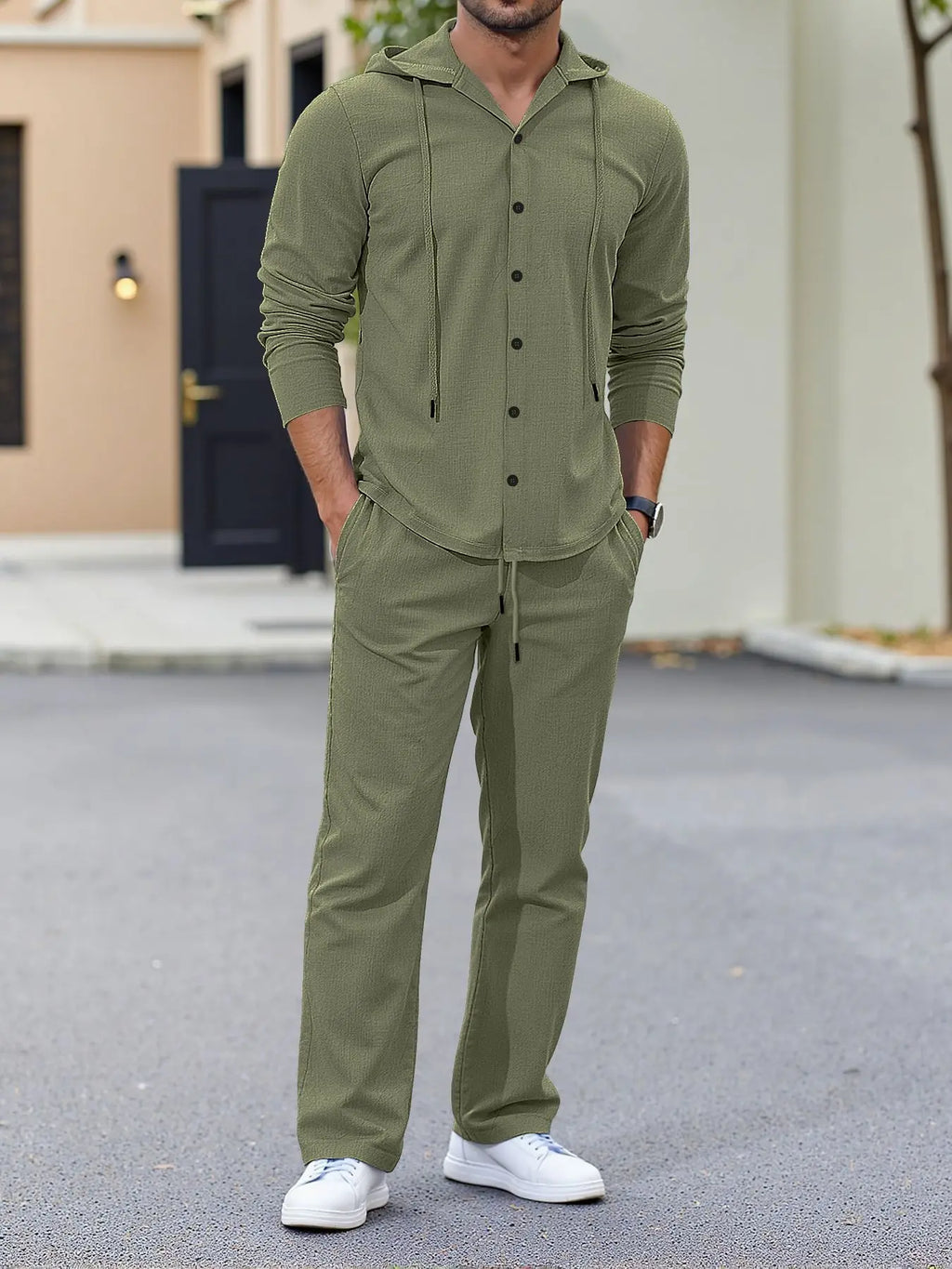 Ensemble Homme Chemise Lin À Capuche Manches Longues + Pantalon Cordon Casual Streetwear Voyage – CLEVI Paris