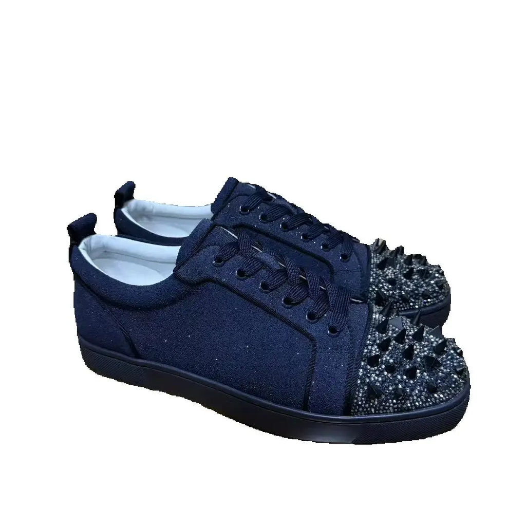 Sneakers Luxe Cuir Véritable Bleu Encre – Diamants & Semelle Rouge, Unisexe, Tailles 35-48 – CLEVI Paris