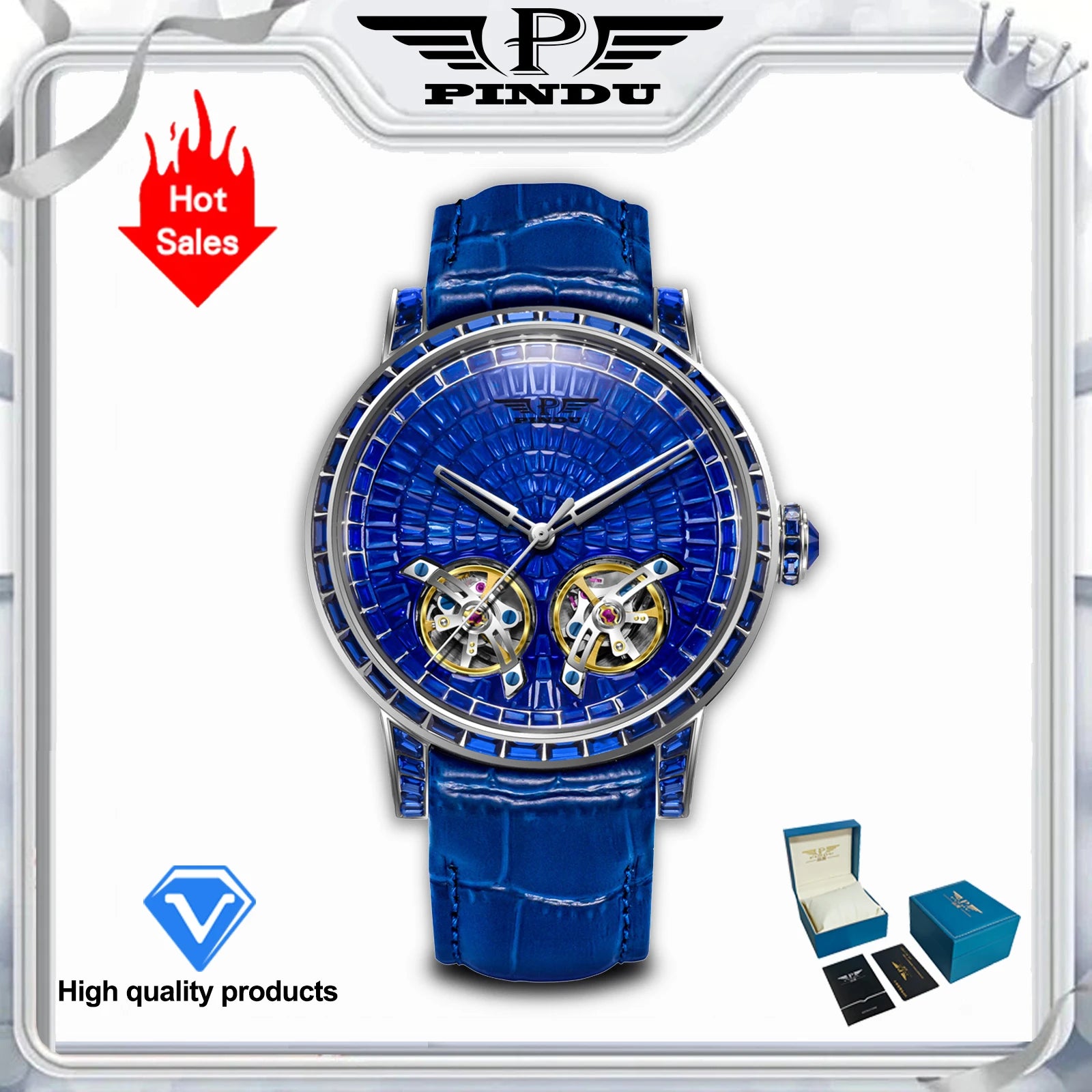 Montre Homme Automatique Double Volant Tourbillon Serti Diamants Saphir Cuir Pindu PD6656 – CLEVI Paris